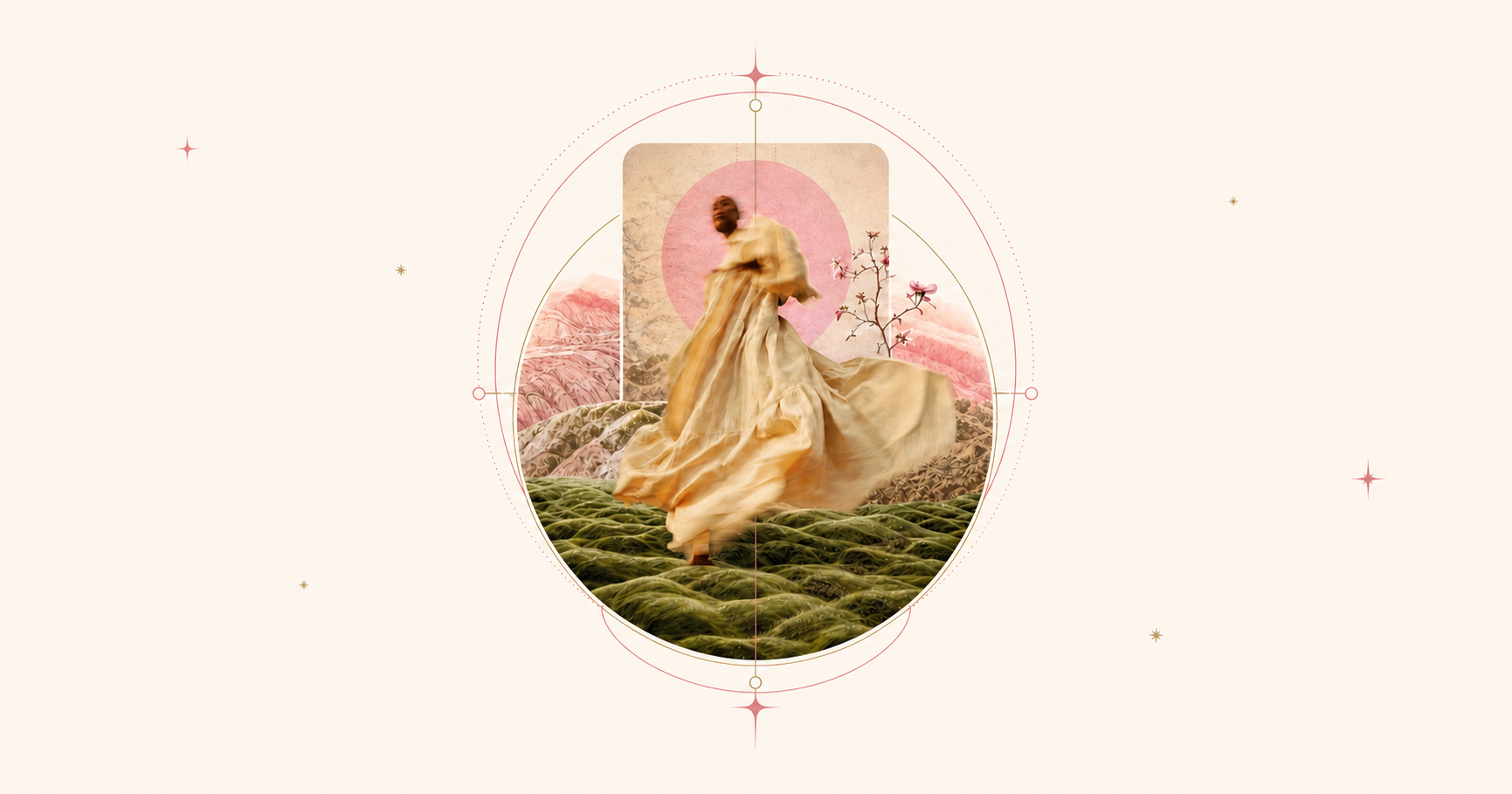 A dancing woman in a flowing cream dress crossing a mossy dream landscape.